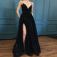 Black V-neck Prom party evening dresses formal pockets sexy side slit